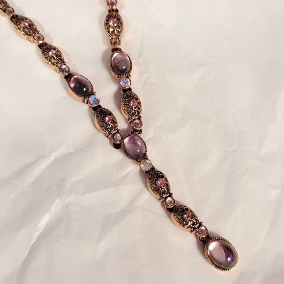 Vintage AVON Pink Glass Cabochon Y Drop Necklace Copper Filigree & Chain 22" - Picture 5 of 12